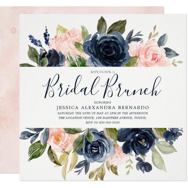 Pink & Navy Blue Watercolor Flowers Bridal Shower Invitation
