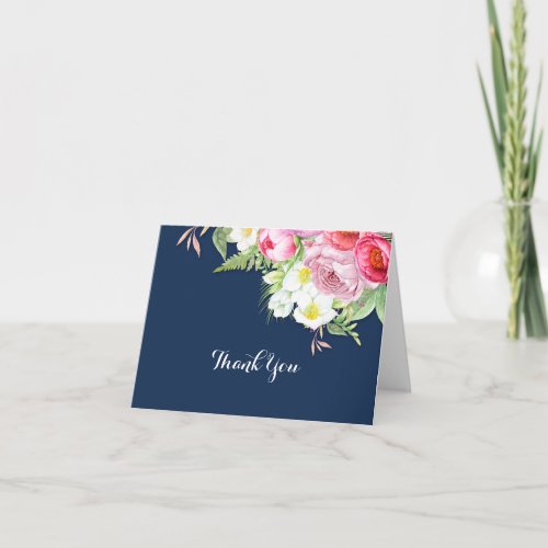 Pink Navy Blue Watercolor Flowers Thank You Cards