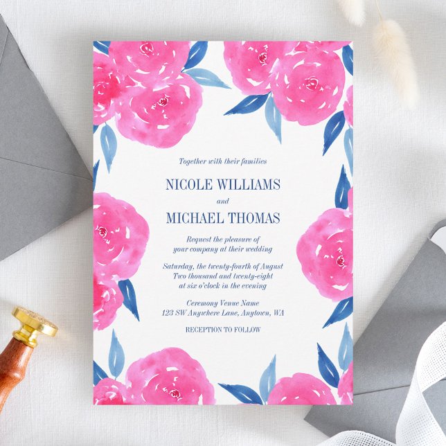 Pink Navy Blue Watercolor Flowers Wedding Invitation (Creator Uploaded)