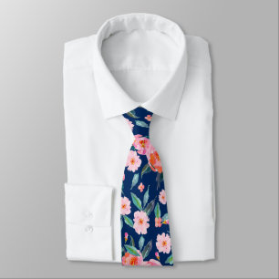 Pink Navy Blue Watercolor Rose Pattern Wedding Neck Tie