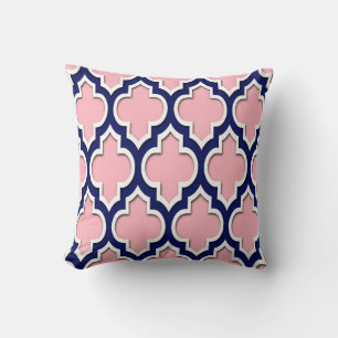Pink, Navy Blue White Moroccan Quatrefoil #4DS Throw Pillow