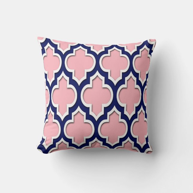 Pink, Navy Blue White Moroccan Quatrefoil #4DS Throw Pillow (Front)