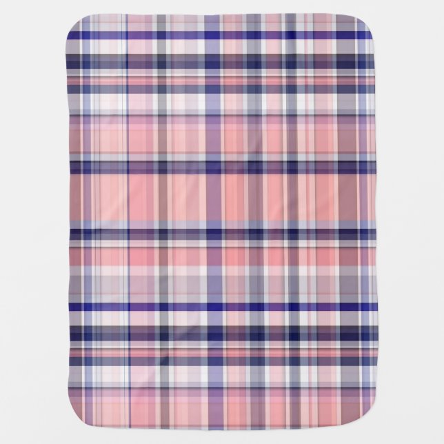 Pink Navy Blue White Preppy Madras Plaid Baby Blanket (Front)