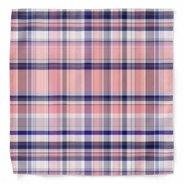 Pink Navy Blue White Preppy Madras Plaid Bandana (Front)