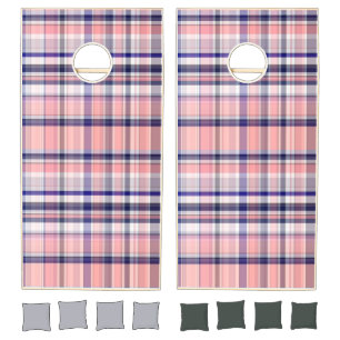 Pink Navy Blue White Preppy Madras Plaid Cornhole Set