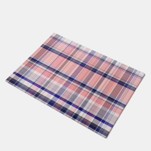 Pink Navy Blue White Preppy Madras Plaid Doormat