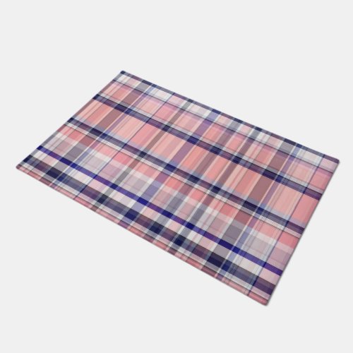 Pink Navy Blue White Preppy Madras Plaid Doormat