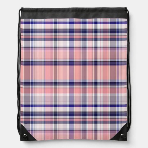 Pink Navy Blue White Preppy Madras Plaid Drawstring Bag