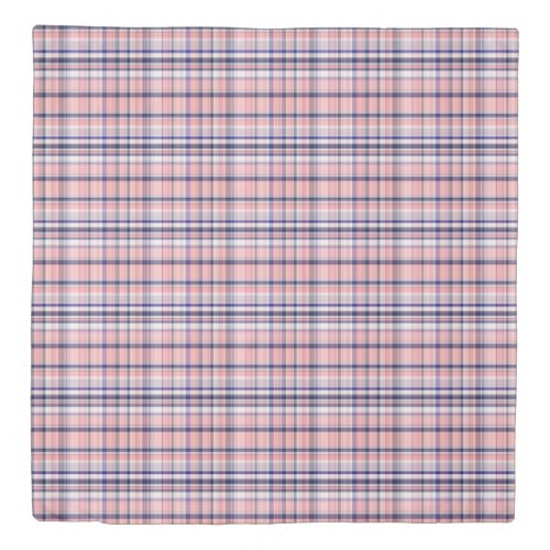 Pink Navy Blue White Preppy Madras Plaid Duvet Cover