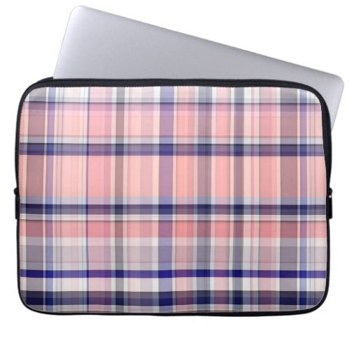 Pink Navy Blue White Preppy Madras Plaid Laptop Sleeve