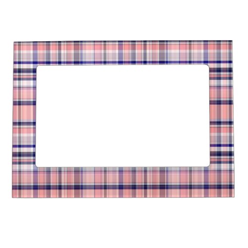 Pink Navy Blue White Preppy Madras Plaid Magnetic Photo Frame