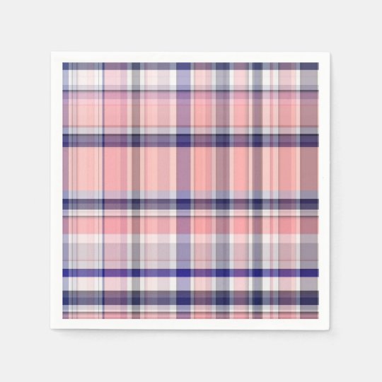 Pink Navy Blue White Preppy Madras Plaid Paper Napkin