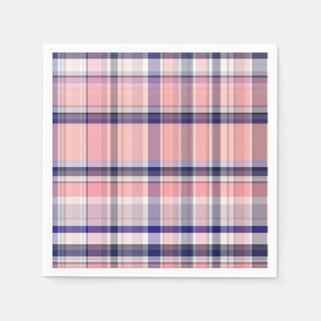 Pink Navy Blue White Preppy Madras Plaid Paper Napkins (Front)