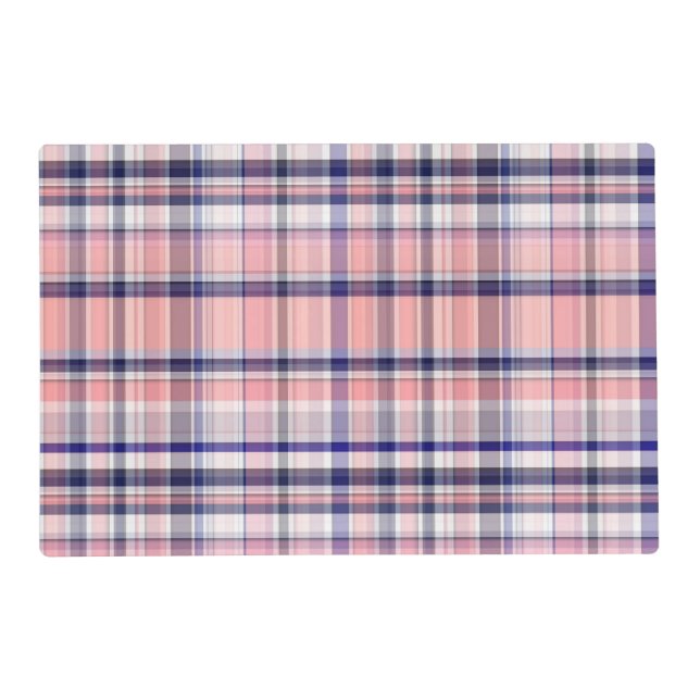 Pink Navy Blue White Preppy Madras Plaid Placemat (Front)