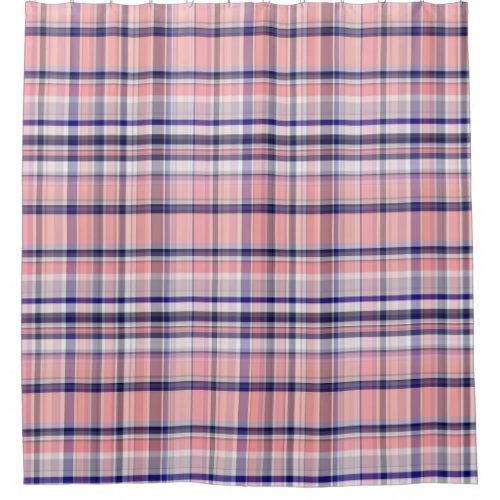 Pink Navy Blue White Preppy Madras Plaid Shower Curtain