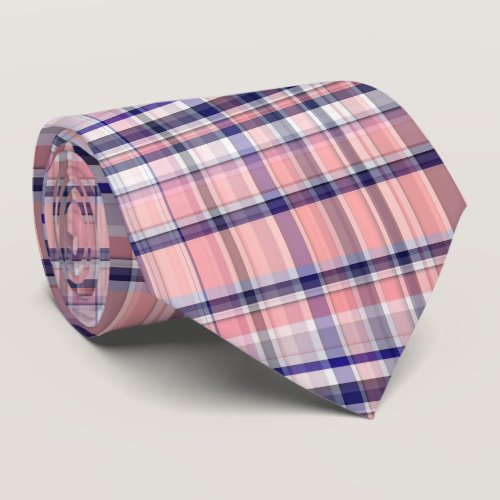 Pink Navy Blue White Preppy Madras Plaid Tie