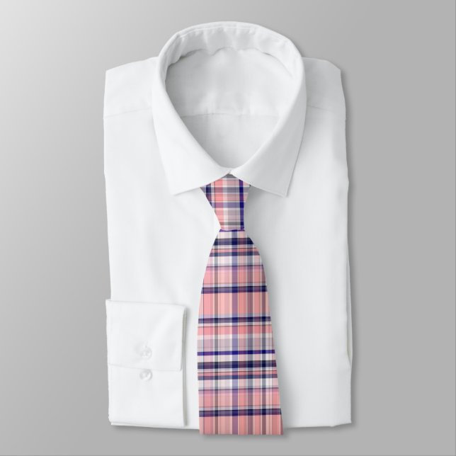 Pink Navy Blue White Preppy Madras Plaid Tie (Tied)