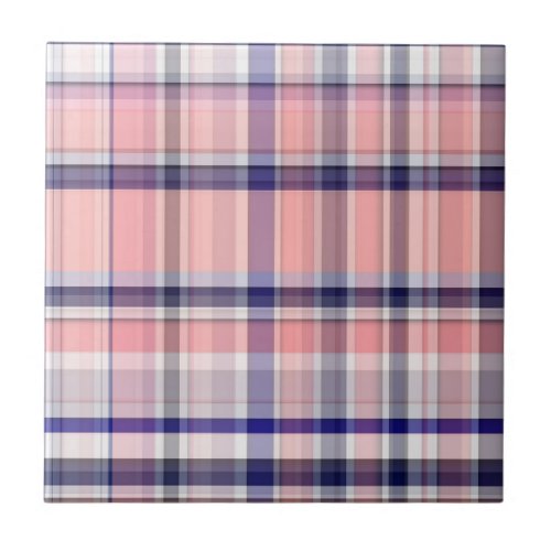 Pink Navy Blue White Preppy Madras Plaid Tile