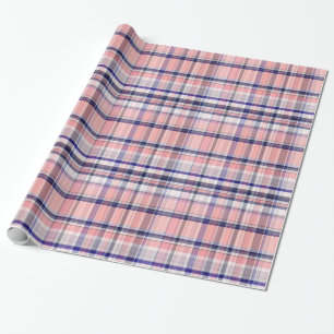 Pink Navy Blue White Preppy Madras Plaid Wrapping Paper