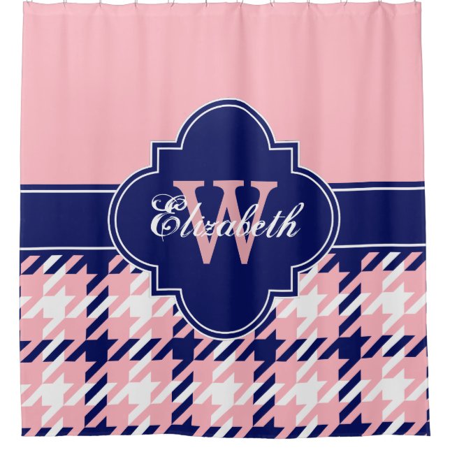 Pink Navy Blue Wht 1I CB Ribbon Name Shower Curtain (Front)