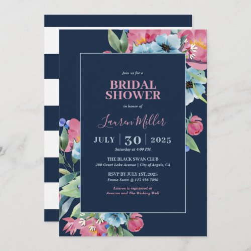 Pink Navy Blue Wildflower Spring Floral Wedding Invitation