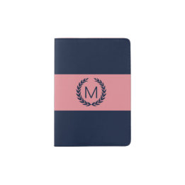 Pink & Navy Blue with Laurel Wreath Monogram Passport Holder