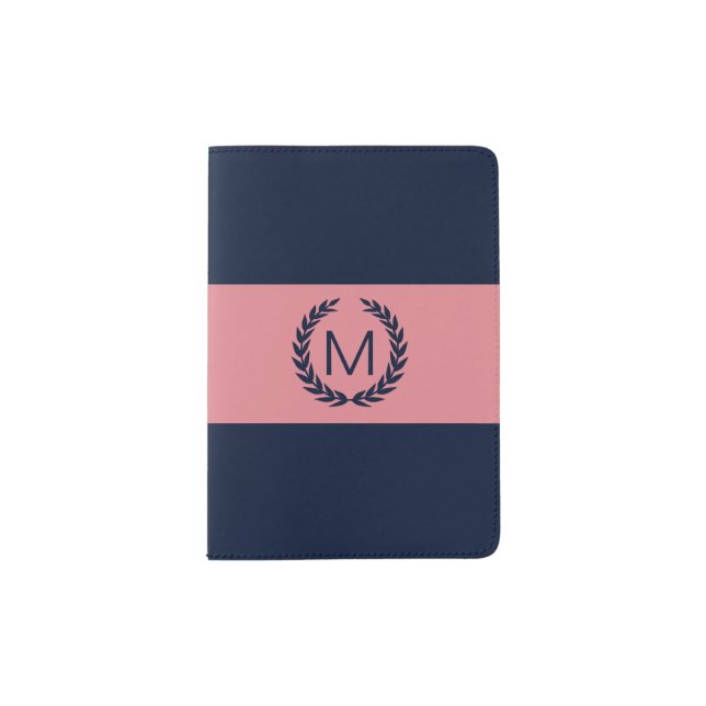 Pink & Navy Blue with Laurel Wreath Monogram Passport Holder (Front)