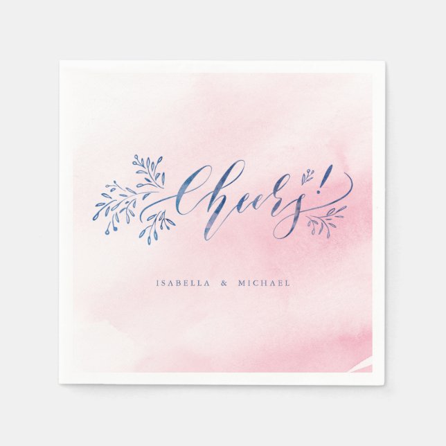 Pink navy calligraphy cheers rustic floral wedding napkins (Front)