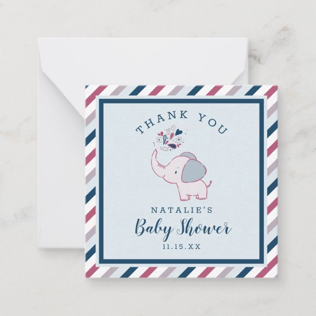 Pink & Navy Cute Elephant Baby Shower Thank You Note Card (Front)