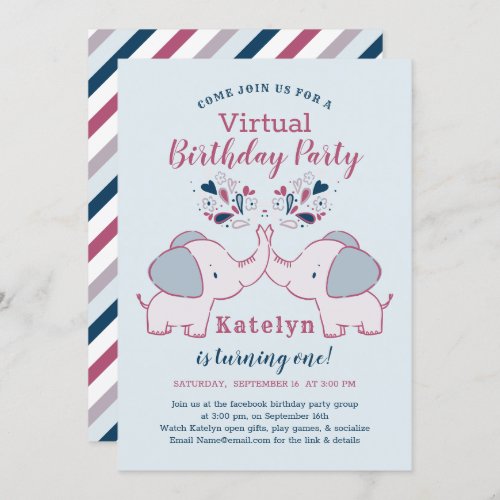 Pink  Navy Cute Elephant Virtual Birthday Party Invitation