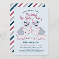 Pink & Navy Cute Elephant Virtual Birthday Party Invitation