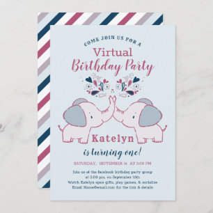 Pink & Navy Cute Elephant Virtual Birthday Party Invitation