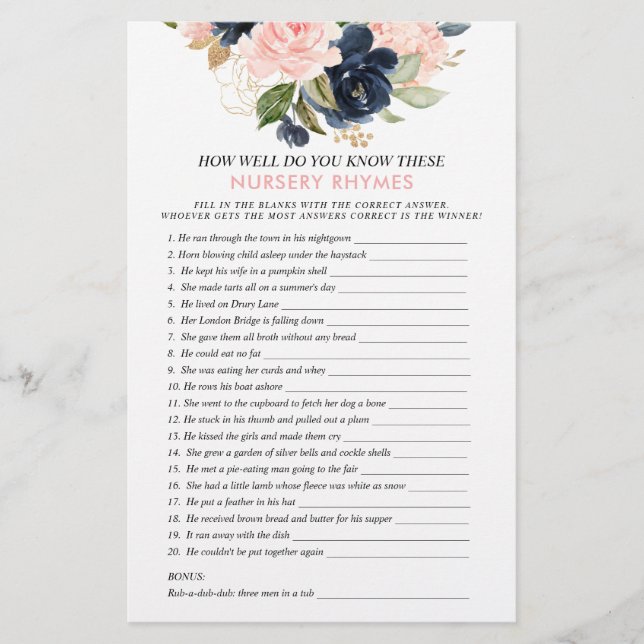 Pink Navy Double Sided Baby Floral Shower Games (Front)