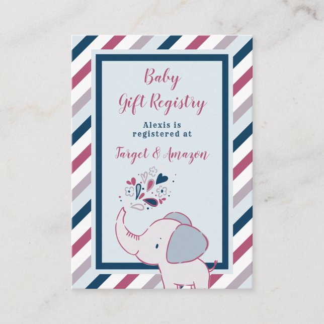 Pink & Navy Elephant Baby Shower Gift Registry Enclosure Card (Front)