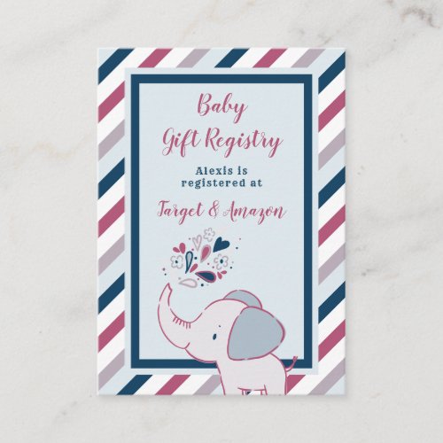 Pink  Navy Elephant Baby Shower Gift Registry Enclosure Card