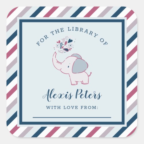 Pink  Navy Elephant Baby Shower Library Bookplate