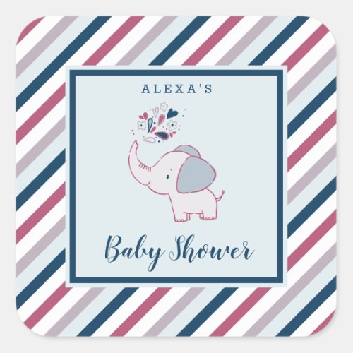 Pink  Navy Elephant  Stripes Baby Shower Favor Square Sticker