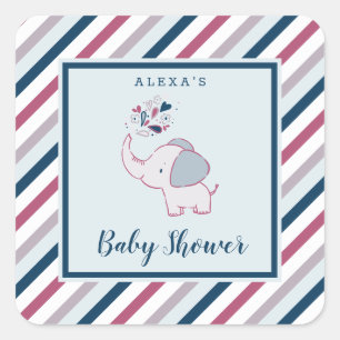 Pink & Navy Elephant & Stripes Baby Shower Favor Square Sticker