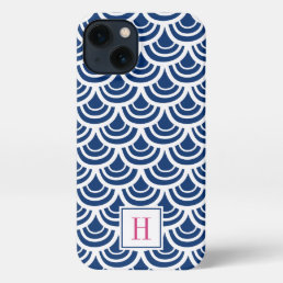 Pink &amp; Navy Fishscale Pattern Monogram iPhone 13 Case