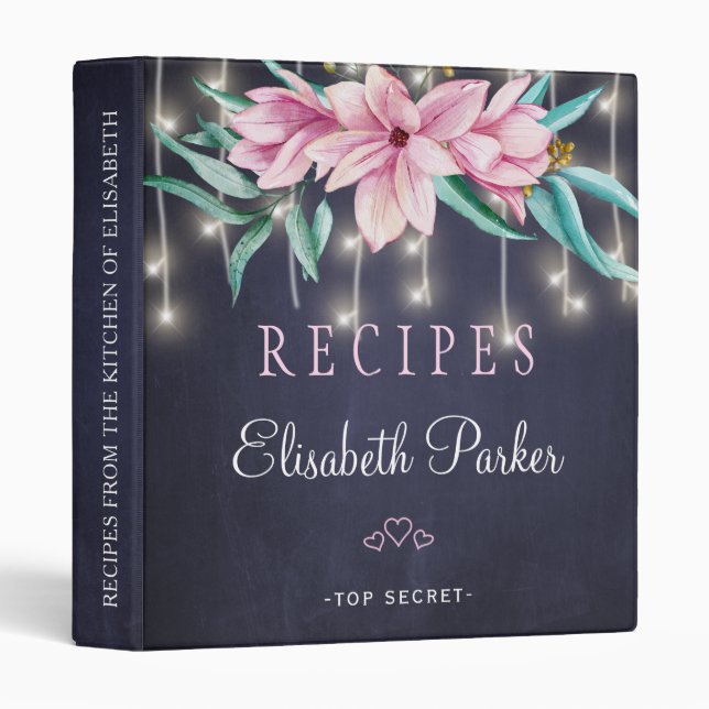 Pink navy floral bouquet chalkboard rustic recipes 3 ring binder (Front/Spine)