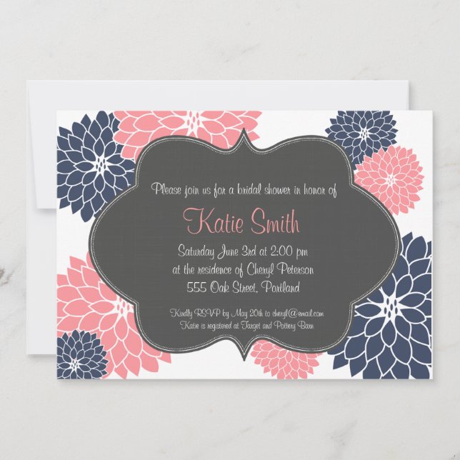 Pink & Navy Floral Bridal/Baby shower invitation (Front)