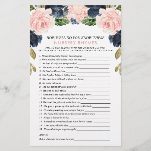 Pink Navy Floral Double Sided Baby Shower Games