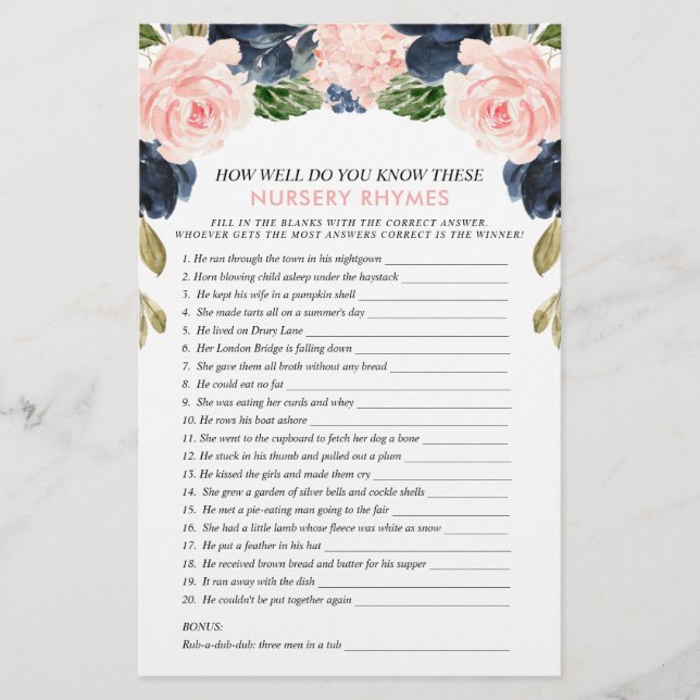 Pink Navy Floral Double Sided Baby Shower Games (Front)