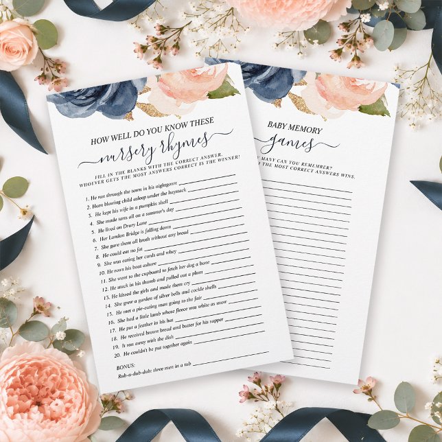 Pink Navy Floral Double Sided Baby Shower Games (Keep your guests completely entertained while maintaining a flawless, upscale aesthetic.)