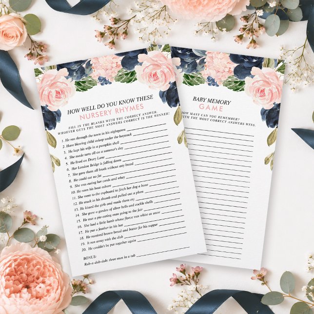 Pink Navy Floral Double Sided Baby Shower Games (Keep your guests effortlessly entertained with these double sided pink navy floral arch game.)