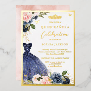 Pink Navy Floral Tiara Dress Quinceanera  Foil Invitation