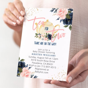 Pink Navy Floral Twins Tea For Two Baby Shower  Invitation