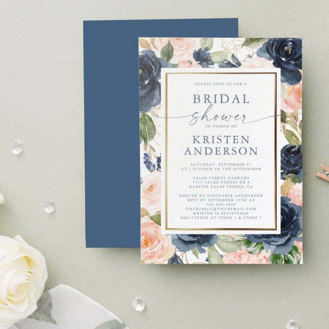 Pink Navy Floral Watercolor Gold Bridal Shower Invitation (Creator Uploaded)