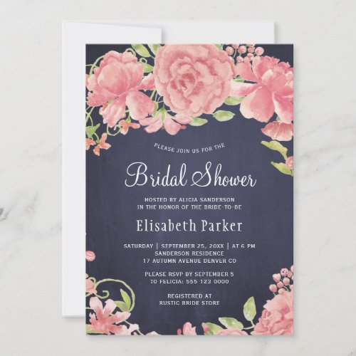 Pink navy floral watercolor rustic bridal shower invitation
