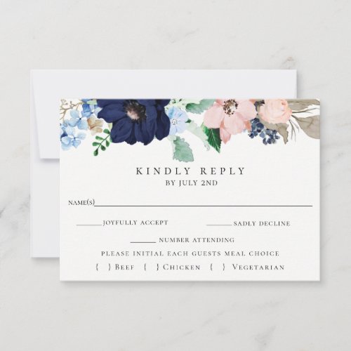 Pink  Navy Floral Wedding RSVP Meal Choice Card
